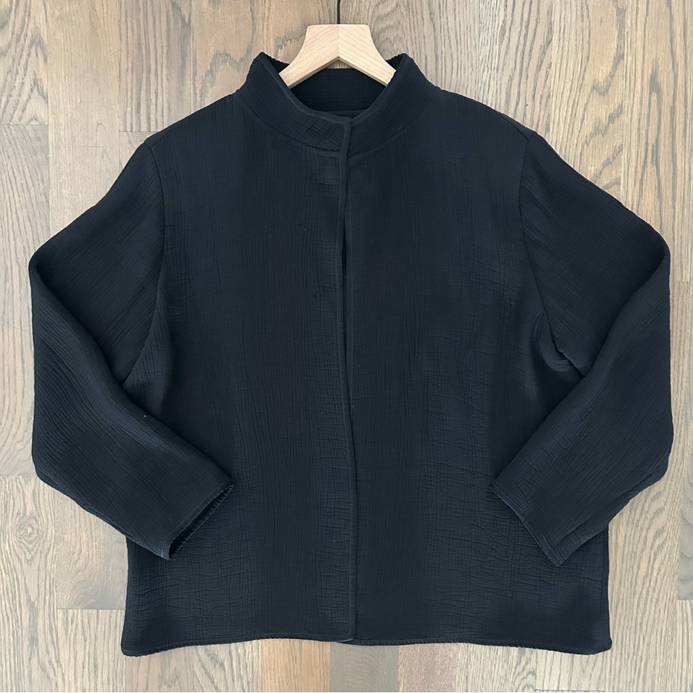 Eileen Fisher Textured Stand Collar Open Front Silk Blend Jacket Black Medium